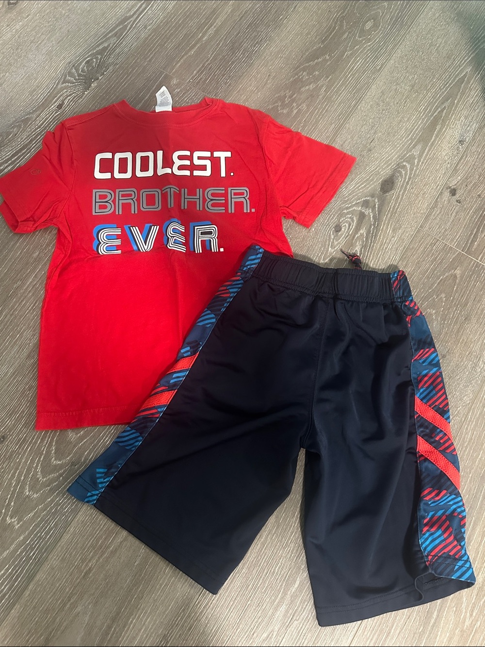 Gymboree Red Graphic Tee with Navy Shorts and Blue & Red Stripe Panels